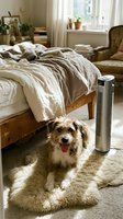 Cozy bedroom interior with cute small dog sitting on fluffy rug near air purifier, unmade bed with linen bedding, natural sunlight streaming through window.