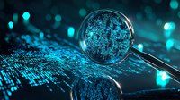 Magnifying glass examining digital circuit pattern with blue technology background, cyber security concept for data analysis and investigation.