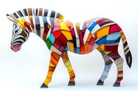 Colorful geometric zebra figure with mosaic pattern design featuring vibrant stripes and shapes in red, yellow, blue, and orange on white isolated background.