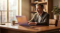Middle-aged Caucasian male professional working on laptop at wooden desk in modern office environment with warm lighting and shelving.