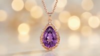 Elegant amethyst teardrop pendant necklace with rose gold chain and sparkling diamond halo setting against soft bokeh background for luxury jewelry advertising.