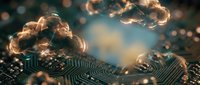 Digital clouds floating above circuit board pathways with glowing light particles, representing cloud computing, data processing, and technology infrastructure for web design and digital innovation projects.