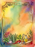 Watercolor cooking frame with fresh vegetables, herbs, and oil bottle on vibrant rainbow background. Ornate golden border with botanical elements. Suitable for recipe cards, cookbook covers, culinary designs.