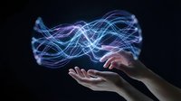 Abstract digital energy waves flowing above open hands on dark background for technology and innovation concepts.