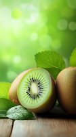 Fresh kiwi fruit sliced in half showing green flesh and black seeds on wooden surface with mint leaves against soft green bokeh background for healthy eating.