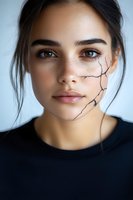Close up portrait of young Hispanic woman with cracked skin effect on face, natural makeup and dark hair against light background, wearing black top.