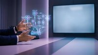 Businessman hands interacting with holographic digital network interface displaying connected icons and data visualization in modern office environment.