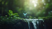 Magical glowing fairy silhouette dancing above miniature waterfall in enchanted forest setting with moss-covered rocks and ethereal light rays filtering through trees.