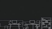 Modern office workspace with desks, computers, chairs and bookshelf drawn in white line art style on dark background for business presentations.
