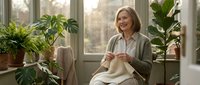 Middle-aged woman with blonde shoulder-length hair and fair complexion, wearing casual beige cardigan, knitting by window surrounded by potted green plants, natural daylight, relaxed hobby scene.