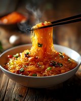 Steaming hot glass noodles in spicy sauce garnished with green onions and sesame seeds, held with black chopsticks over ceramic bowl on rustic wooden table.