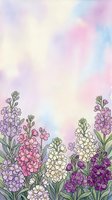 Watercolor floral border with purple, pink and white blooms on soft pastel background, copy space for greeting cards, invitations.