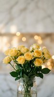 Fresh yellow roses bouquet in glass jar vase with warm bokeh lights creating romantic atmosphere for home decor and special occasions.