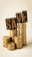 Wooden letterpress blocks spelling SAVE stacked on golden coin towers representing financial savings and money management concepts for budgeting campaigns.