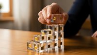 Business professional building transparent acrylic blocks tower on wooden desk representing growth strategy and corporate development in modern office.