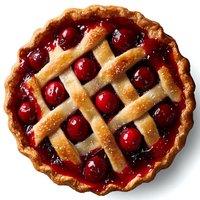Homemade cherry pie with golden lattice crust and fresh red cherries on white background. Traditional dessert for holidays and celebrations.