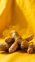 Fresh turmeric roots with golden powder explosion on warm yellow background for cooking and natural health remedies.
