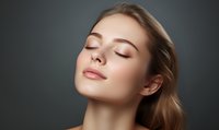 Young Caucasian woman with natural makeup and glowing skin against dark background, eyes closed in serene expression showing skincare and beauty concept.