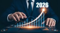 Businessman hands protecting upward arrow graph showing 2026 growth projection with glowing financial data visualization for business planning.
