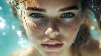 Close up portrait of young woman with freckles and bright blue eyes against turquoise background with bokeh light effects and water drops, fresh summer beauty concept.