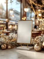 Elegant gold-framed blank mirror on marble base with festive decorations and warm bokeh lights creating luxurious holiday atmosphere for product display.