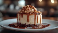 Decadent cheesecake topped with caramel sauce, whipped cream and crushed nuts on white plate against blurred restaurant background with bokeh lights.