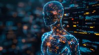 Digital hologram of human figure with glowing orange and blue network patterns against dark background showing advanced technology interface and data visualization.