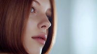 Young woman with straight brown hair in profile view against soft blue background showing natural makeup and flawless skin texture for beauty and cosmetic advertising.