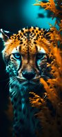 Close-up portrait of cheetah face with intense blue eyes against dark background, framed by orange foliage creating dramatic contrast and mood lighting.