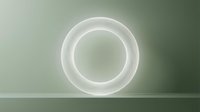 Glowing white neon circle ring on muted sage green background, modern minimalist design for contemporary interior decor and digital projects.