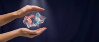 Hands holding glowing holographic abstract shape with neon pink and blue light, representing digital technology, innovation, and futuristic concepts for business presentations.