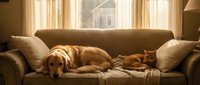 Golden retriever dog and orange tabby cat sleeping peacefully together on beige sofa in warm sunlit living room with curtains and lamp for pet friendship content.