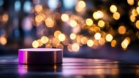 Glowing pink metallic cylinder on reflective surface with magical golden bokeh lights creating dreamy atmosphere. Elegant product display background for luxury items.