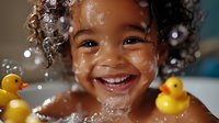 Happy mixed-race toddler girl with curly hair enjoying bath time with yellow rubber ducks, water droplets and bubbles creating joyful childhood moment.