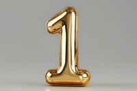 Golden metallic balloon number one on gray background, inflated foil digit for celebration and anniversary decoration, isolated with reflection.