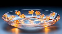Glowing orange cherry blossoms adorning elegant glass bowl with illuminated floral pattern, creating magical ambient lighting effect on dark background.