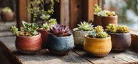 Collection of diverse succulent plants in colorful ceramic pots arranged on wooden surface near window with natural light.