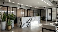 Modern office reception area with marble desk, glass partitions and contemporary lighting for corporate interior design projects.