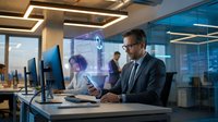 Caucasian businessman in suit using smartphone with futuristic holographic data interface glowing above desk in modern office.