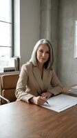 Confident mature businesswoman with silver hair in beige suit signing documents at modern office desk, professional executive leadership concept.