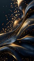 Abstract luxury background with flowing navy blue and gold waves, glowing particles and bokeh effects creating elegant dynamic composition on dark surface.