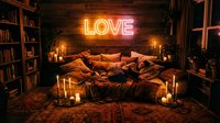 Cozy romantic bedroom with glowing neon LOVE sign, candles, and warm bohemian decor, perfect for Valentine's Day and interior design concepts.