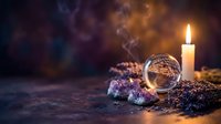 Mystical fortune telling setup with crystal ball, burning candle, amethyst crystals and dried herbs on dark atmospheric background for spiritual practices.