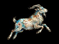 Leaping goat with ornate floral and swirl patterns in teal and gold tones, isolated on transparent background, ready for stickers, t-shirt design, and print on demand.