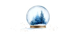 Magical snow globe with blue winter forest and falling snow inside glass sphere on golden base, decorated with sparkling glitter elements.