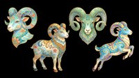 Ornamental ram and goat heads with decorative horns, plus leaping goat figures featuring turquoise, gold, and green patterns. Isolated on transparent background, ready for t-shirt design, clipart, stickers, and print-on-demand products.