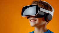 Young boy wearing virtual reality headset smiling against vibrant orange background, experiencing immersive technology and digital entertainment.