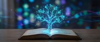 Open book with glowing digital tree emerging from pages, surrounded by floating data particles and blue light effects on dark background.