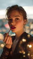 Young woman applying bright red lipstick against blurred city lights background, wearing sequined evening jacket with soft bokeh effect.