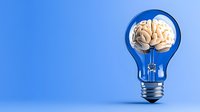 Human brain inside blue light bulb on bright blue background, creative concept for ideas, innovation and intelligence. Minimal style composition.
